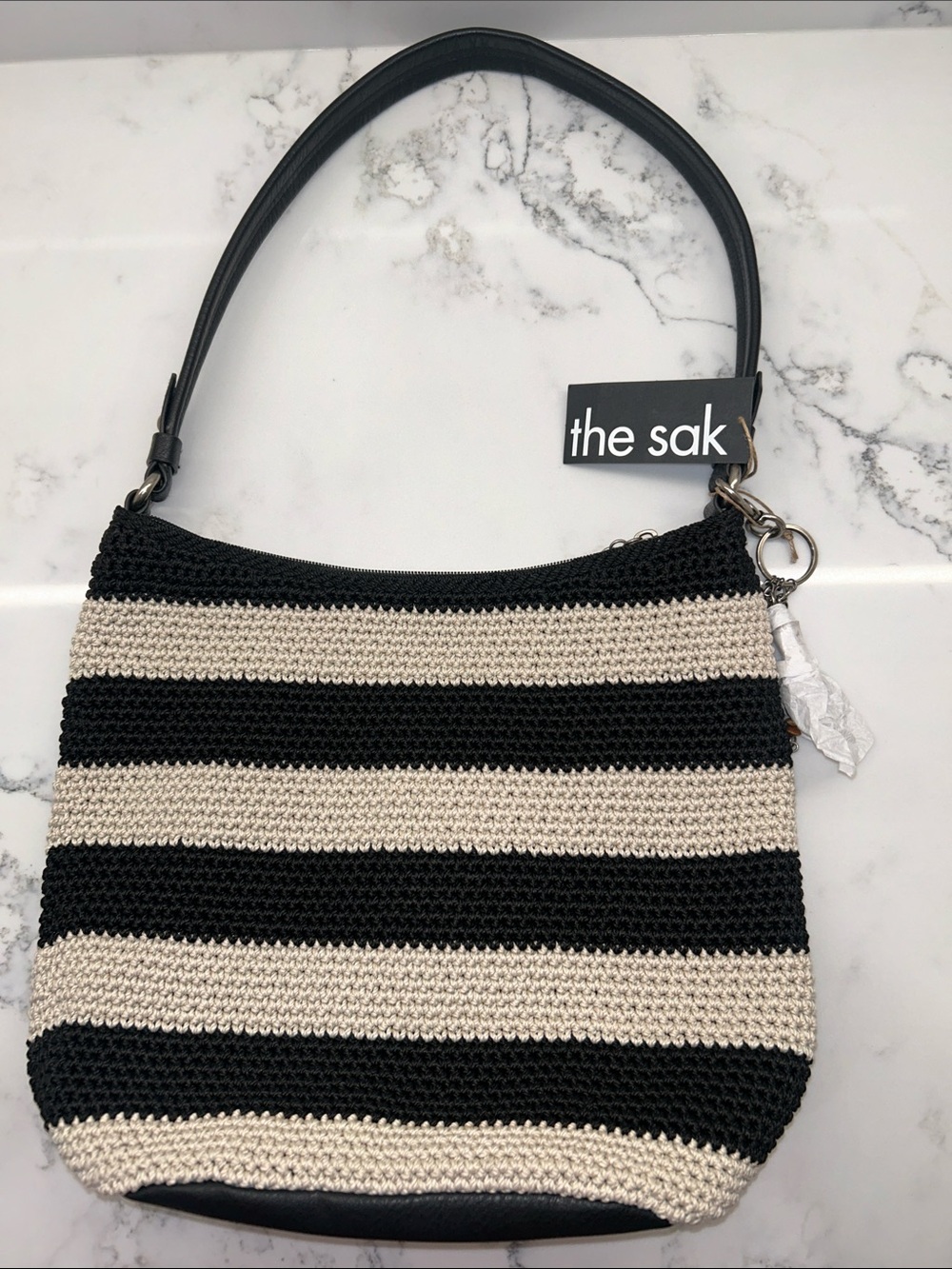 The Sak Black & Cream Striped Sequoia Crochet Shoulder Bag